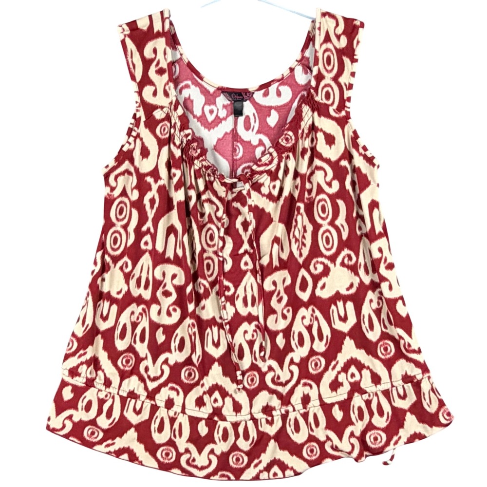 Deluxe LA Blues Women's Plus 18/20 Red Cream Ikat Sleeveless Boho Tie Neck Top